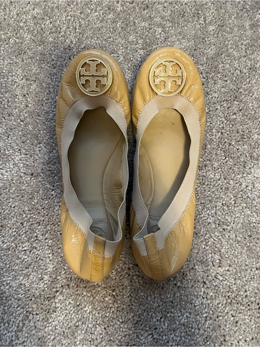 Tory Burch Mustard Patent Leather Logo Ballet Flats
